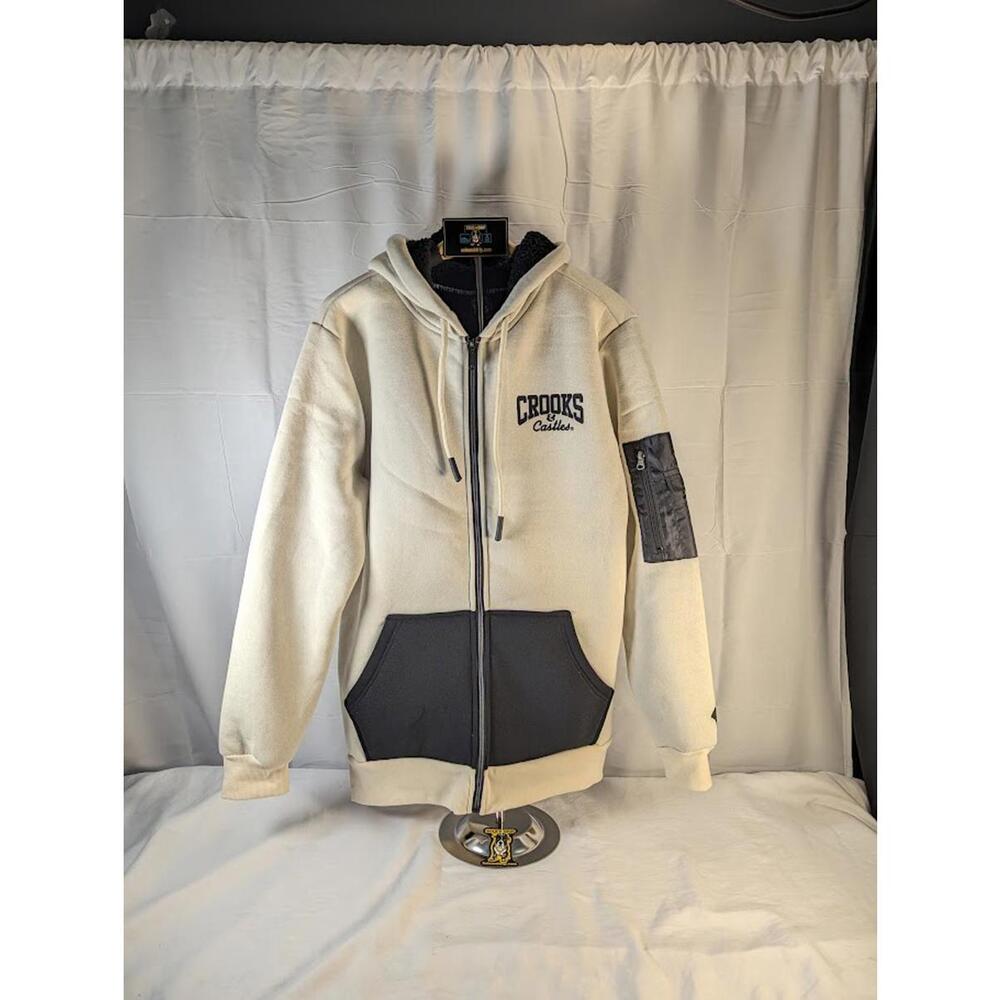 Crooks & Castles Heavyweight Sherpa Full Zip Hoodie XL – Cream/Black – New - Picture 2 of 12